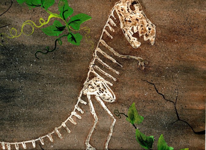 Dinosaur fossil art created with the 'glue-resist' technique.  Credit to Gail Bartel. See link below.