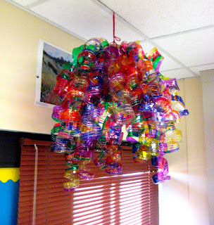 Sharpie on spiral-cut plastic bottles for the chandelier look