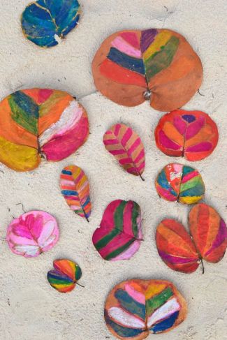Painting patterns on leaves with watersoluble crayons.  Click for source.