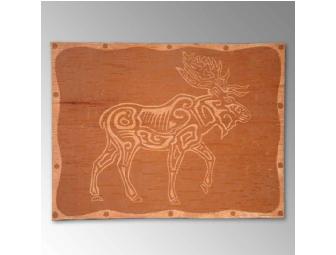 Moose on birchbark, etching by David Moses Bridges, featured artist in Branching Out