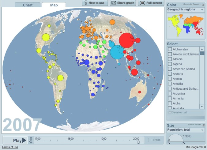 Visualizing a timeline/map of electricity use per person, 1700's until the present day, using Gapminder