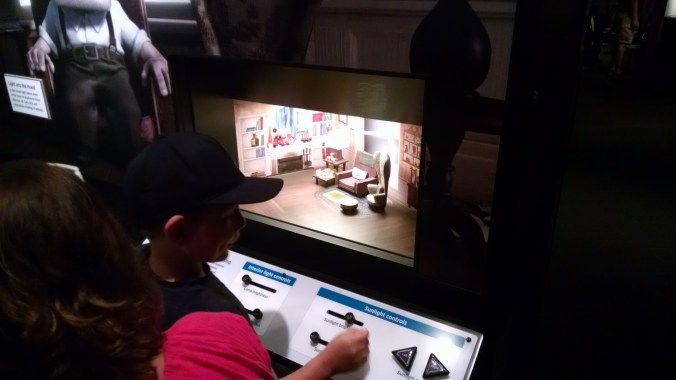 A recreation of the paper house that Pixar lighting designers created to test lighting of Carl's house for Up. Behind this were digital interactives that let you play with the virtual lights the same way one could play with physical ones here. There was lots of cool context about the vocabulary of lighting design (ie 'temperature,' etc.) as well as the purpose (emotional effect, helping to pick out the main character in a scene, indicating transitions).