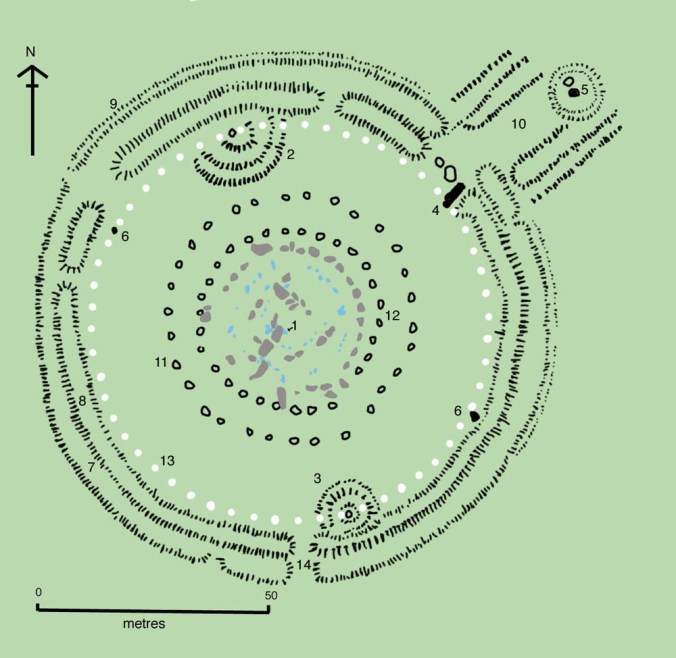 This lovely diagram of Stonehenge shows the central circular bluestone configuration in blue. Illustration by Adamsan, courtesy Wikimedia. CC-BY-SA-3.0 